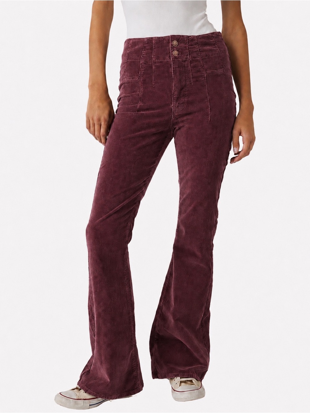 Free People Jayde Cord High Rise Flare Jeans Wine Size 30